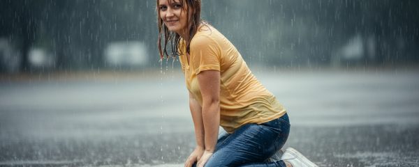 Hannah kneels in a puddle during a heavy rainstorm, smiling at the camera with wet hair and clothes. Her yellow t-shirt, blue jeans and white sneakers are completely soaked.